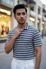 Gambluss Knitted Cotton Textured Striped Polo Shirt | Premium Men's Cotton Blend Polo
