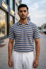 Gambluss Knitted Cotton Textured Striped Polo Shirt | Premium Men's Cotton Blend Polo