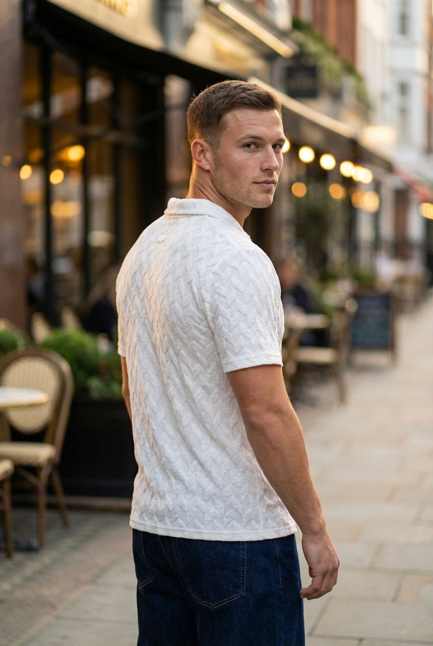 Johnny Collar Embossed Textured Polo Shirt for Men | White - Gambluss Wardrobe