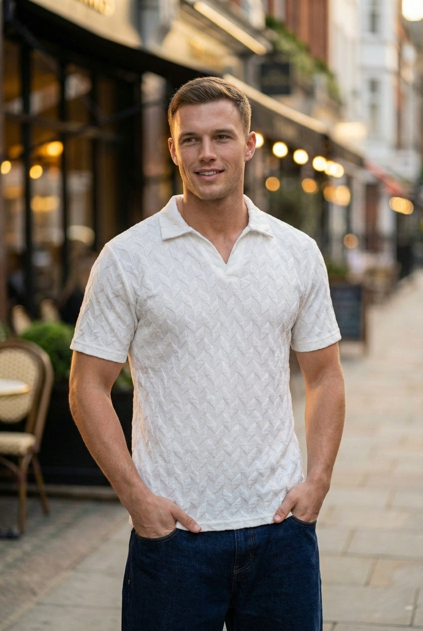 Johnny Collar Embossed Textured Polo Shirt for Men | White - Gambluss Wardrobe