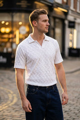 Johnny Collar Embossed Textured Polo Shirt for Men | White - Gambluss Wardrobe