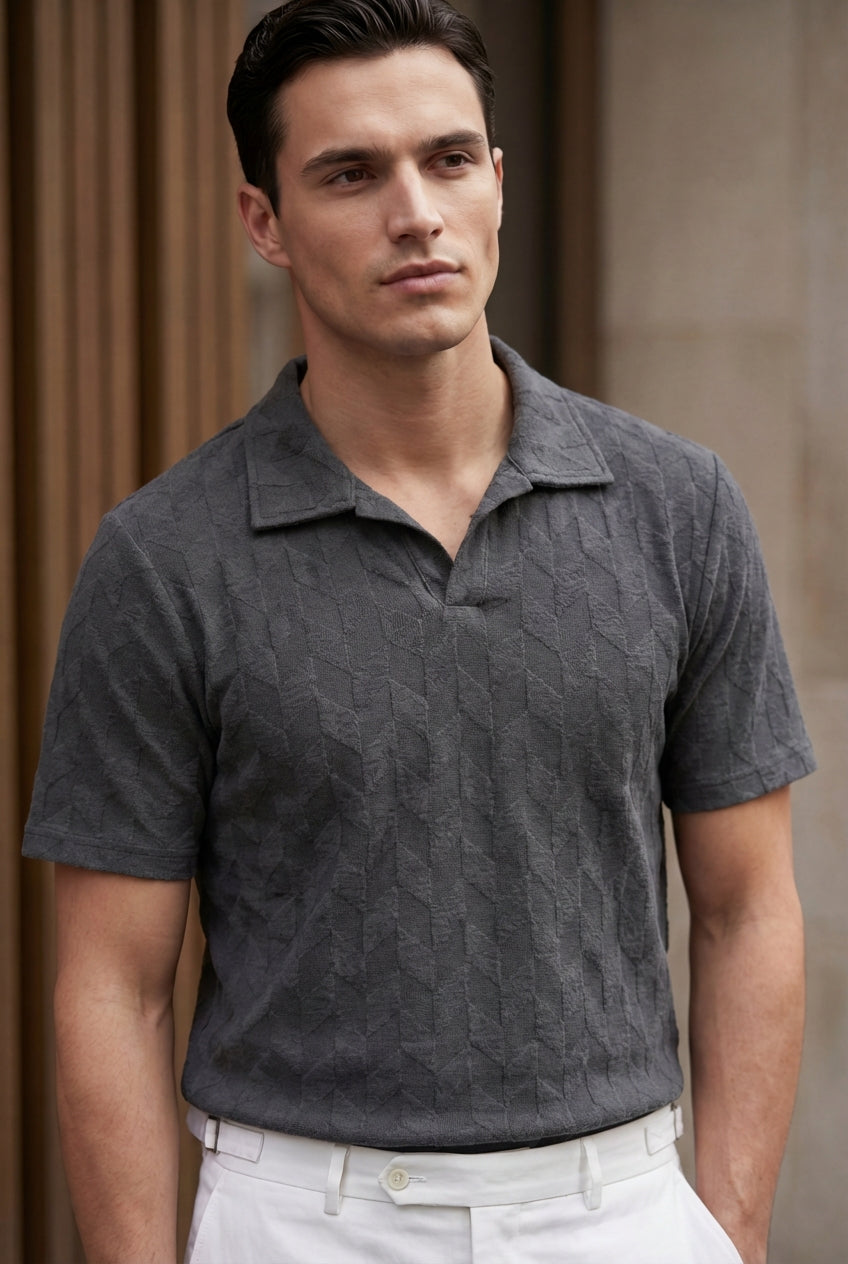Johnny Collar Embossed Textured Polo Shirt for Men | charcoal - Gambluss Wardrobe