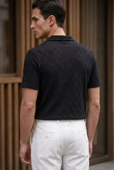 Johnny Collar Embossed Textured Polo Shirt for Men | Black - Gambluss Wardrobe