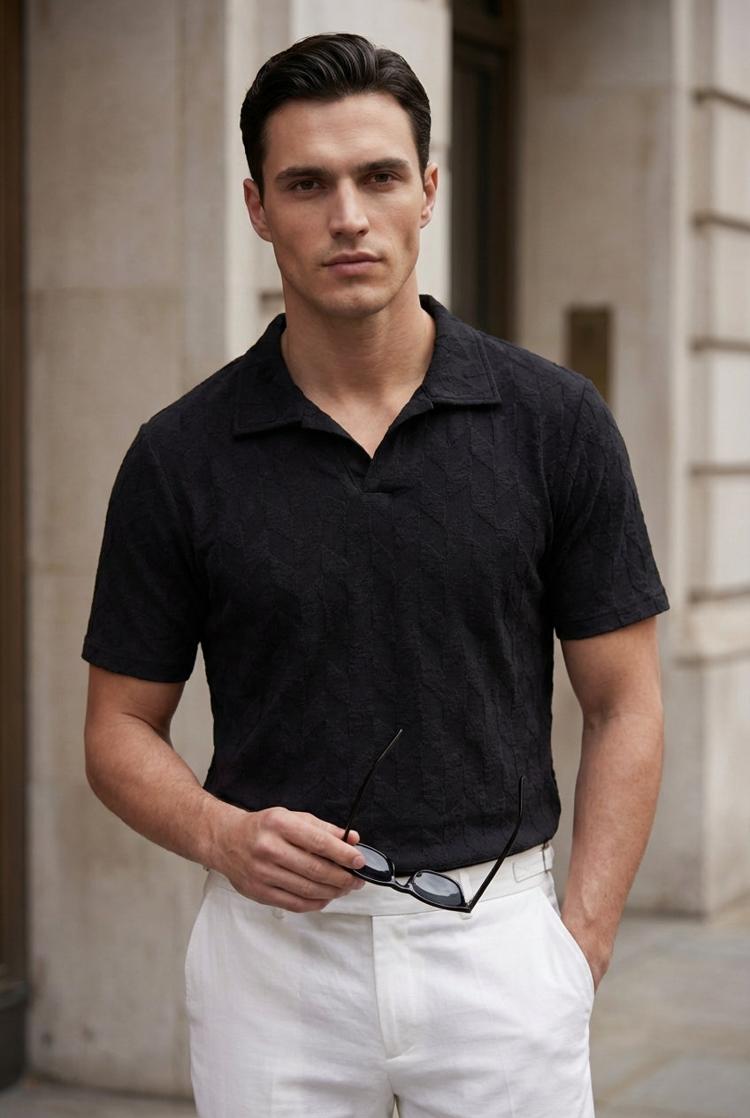 Johnny Collar Embossed Textured Polo Shirt for Men | Black - Gambluss Wardrobe