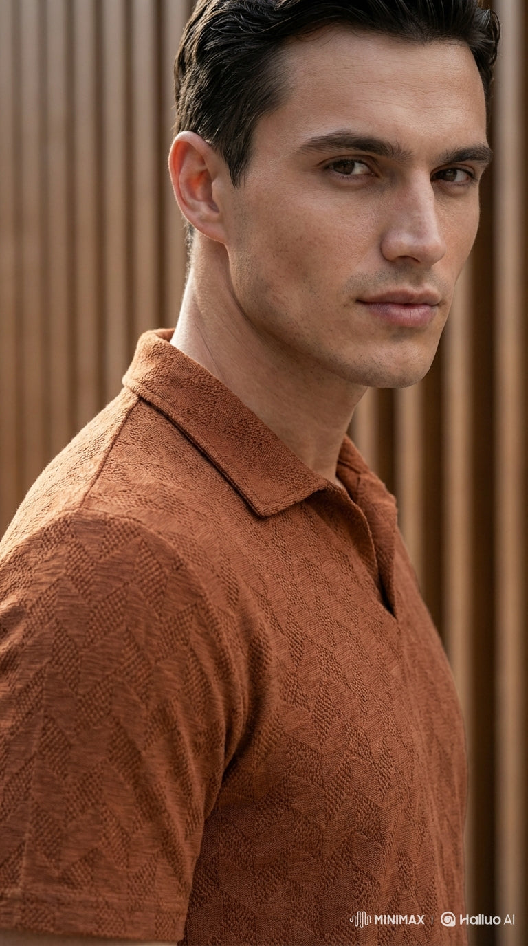 Johnny Collar Embossed Textured Polo Shirt for Men | Rust - Gambluss Wardrobe