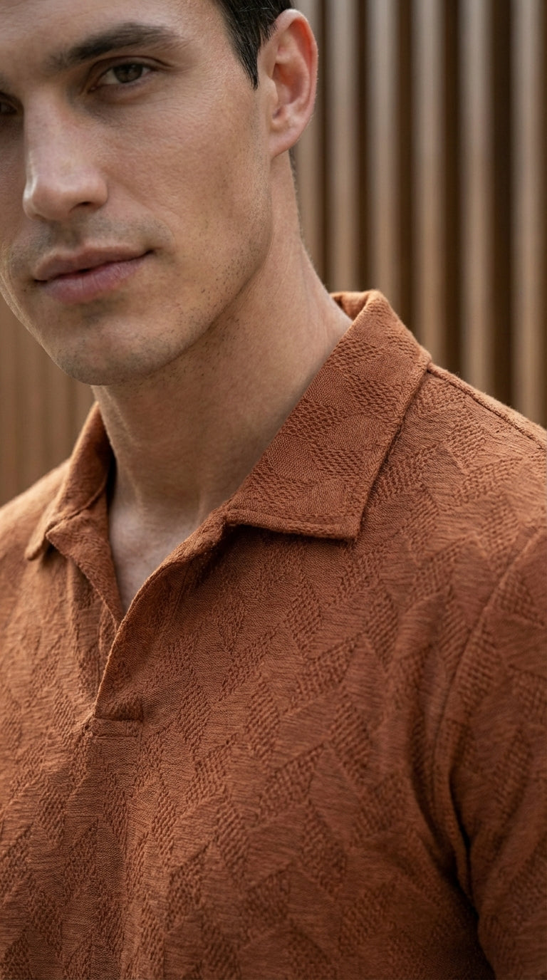Johnny Collar Embossed Textured Polo Shirt for Men | Rust - Gambluss Wardrobe