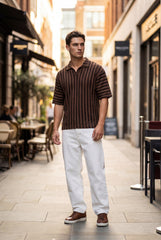 Turkish Drop Shoulder Textured Johnny Collar Polo Shirt – Brown - Gambluss Wardrobe