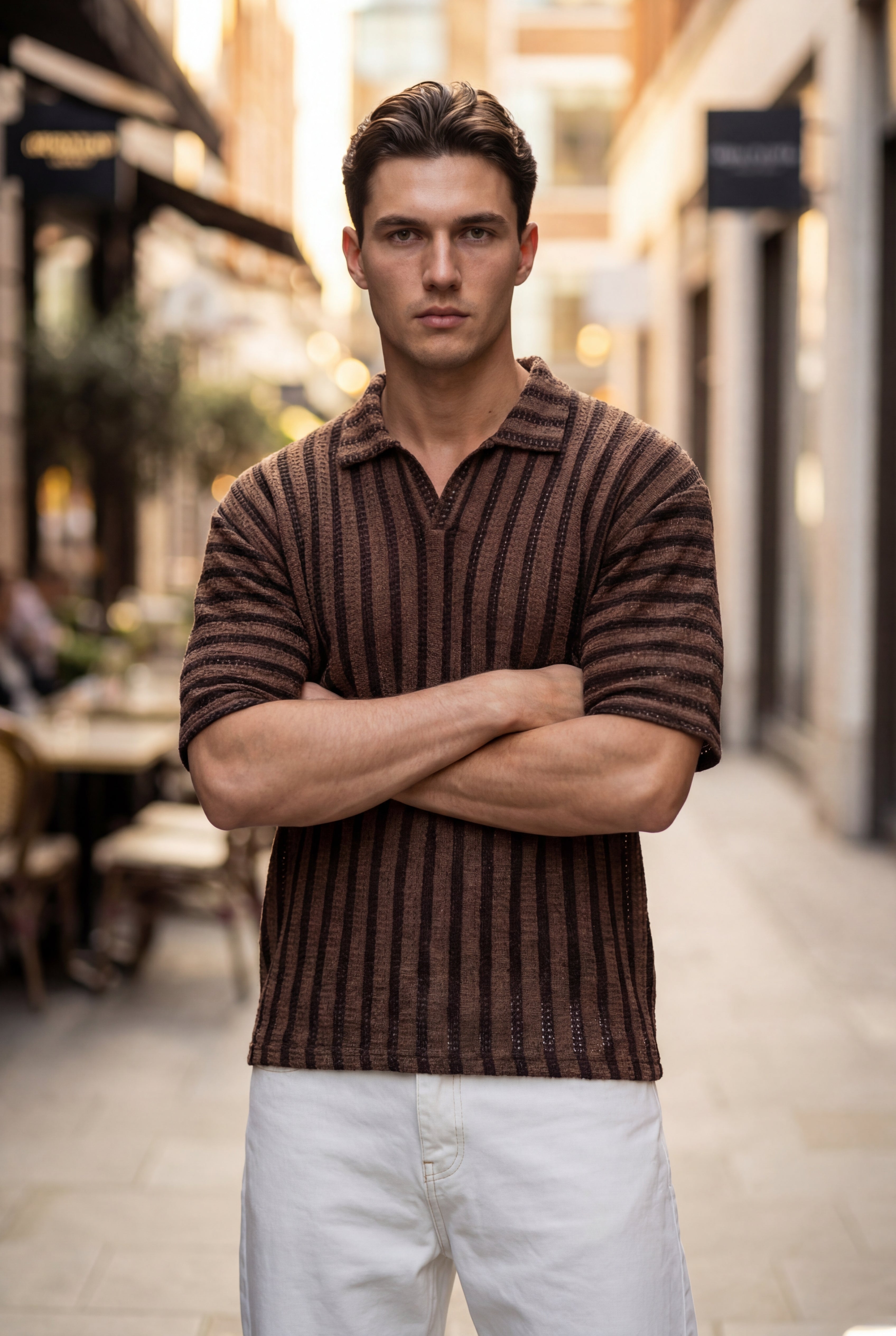 Turkish Drop Shoulder Textured Johnny Collar Polo Shirt – Brown - Gambluss Wardrobe