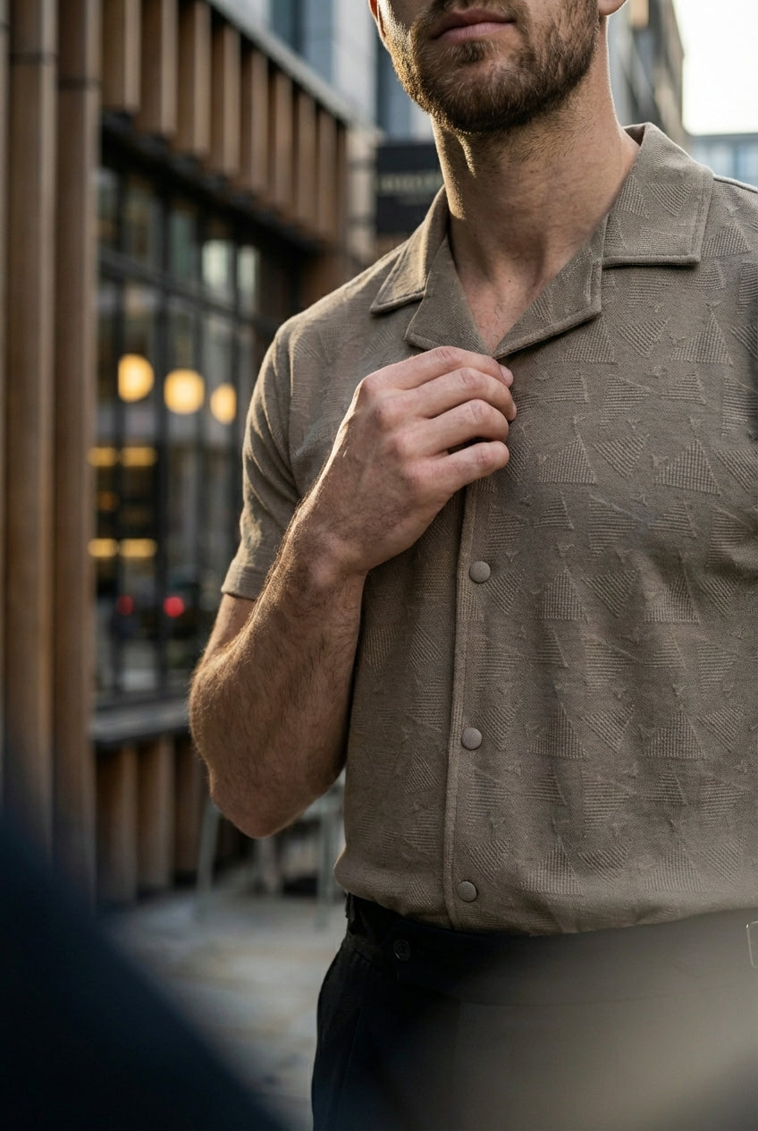 Gambluss Peanut Brown Textured Cuban Collar Shirt - Gambluss Wardrobe