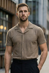 Gambluss Peanut Brown Textured Cuban Collar Shirt - Gambluss Wardrobe