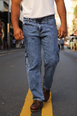 Gambluss Acid Washed Relaxed-Fit Denim Cargo-light Blue - Gambluss Wardrobe