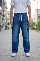 Gambluss Draw String Baggy Denim Cargo Pants – dark blue