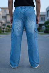 Gambluss Draw String Baggy Denim Cargo Pants – Stone Blue