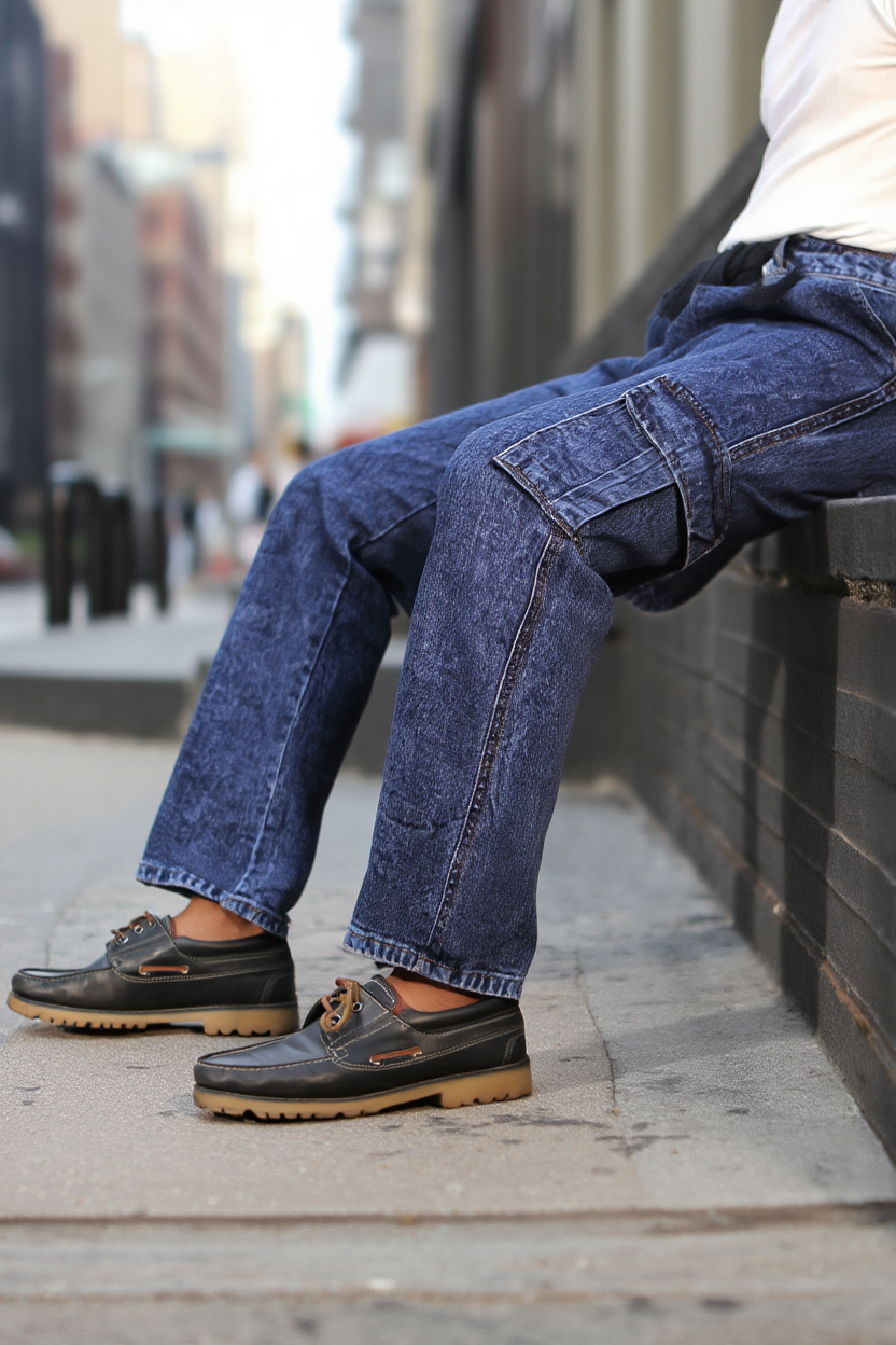Gambluss Acid Washed Relaxed-Fit Denim Cargo-Blue - Gambluss Wardrobe