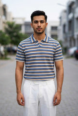 Gambluss Knitted Cotton Textured Striped Polo Shirt | Premium Men's Cotton Blend Polo