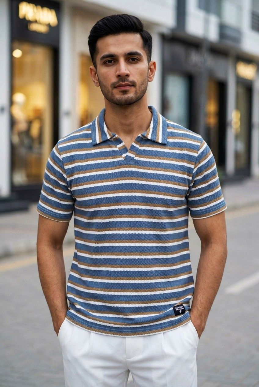 Gambluss Knitted Cotton Textured Striped Polo Shirt | Premium Men's Cotton Blend Polo
