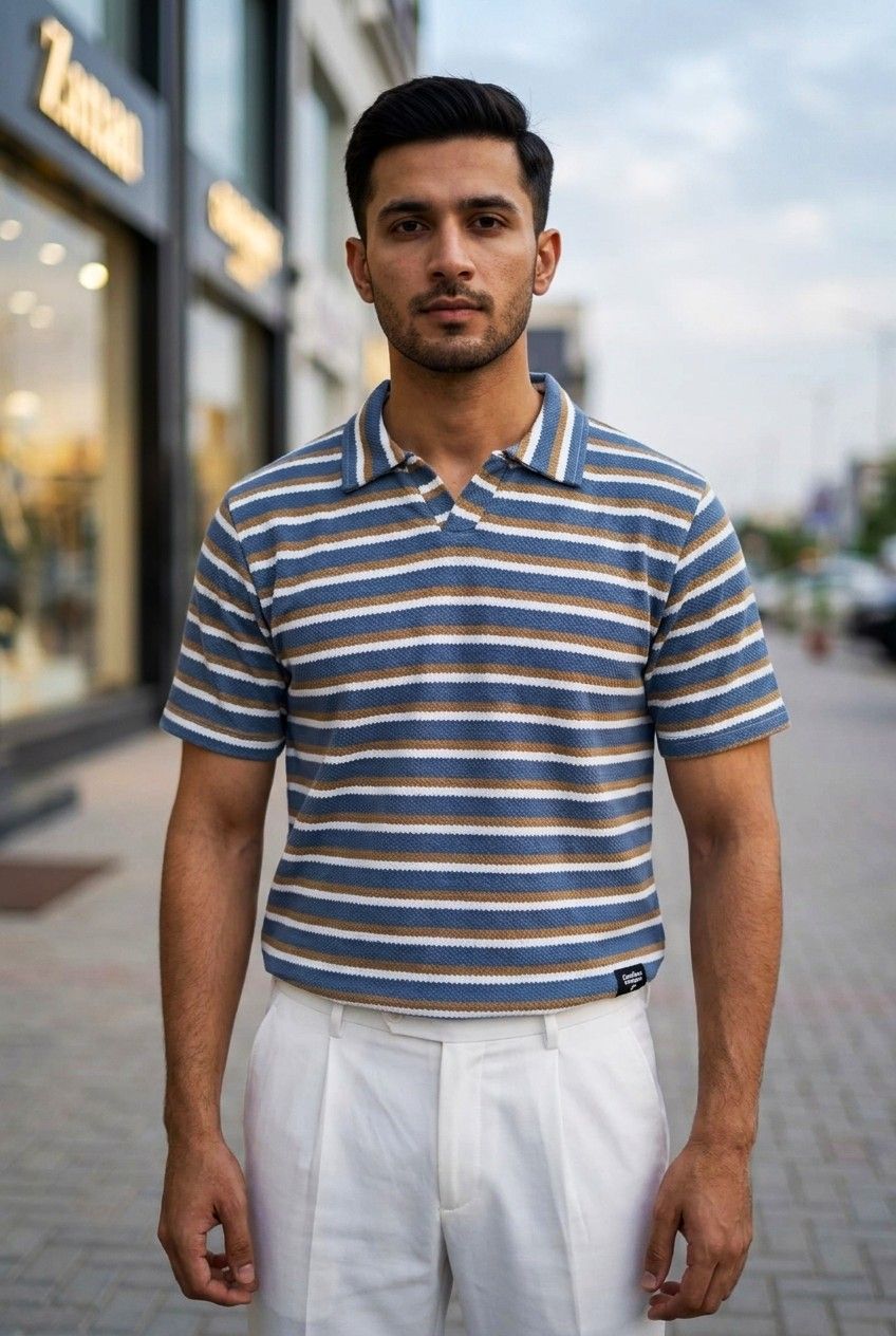 Gambluss Knitted Cotton Textured Striped Polo Shirt | Premium Men's Cotton Blend Polo