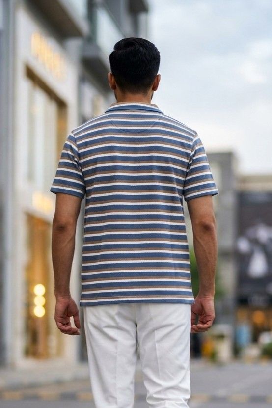 Gambluss Knitted Cotton Textured Striped Polo Shirt | Premium Men's Cotton Blend Polo