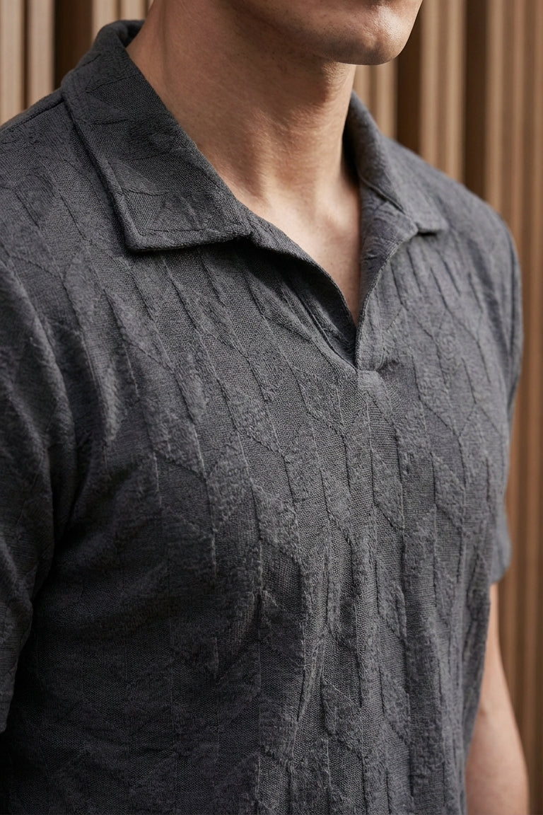 Johnny Collar Embossed Textured Polo Shirt for Men | charcoal - Gambluss Wardrobe