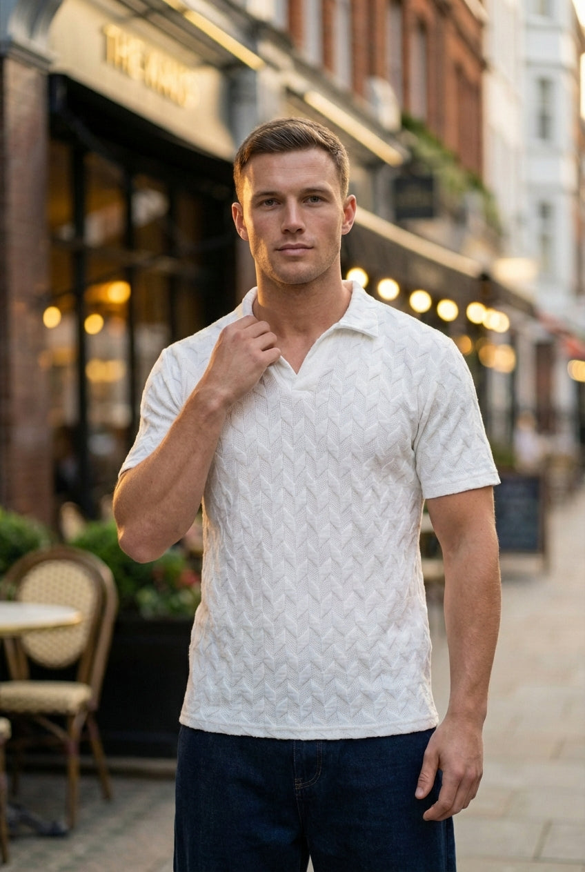 Johnny Collar Embossed Textured Polo Shirt for Men | White - Gambluss Wardrobe