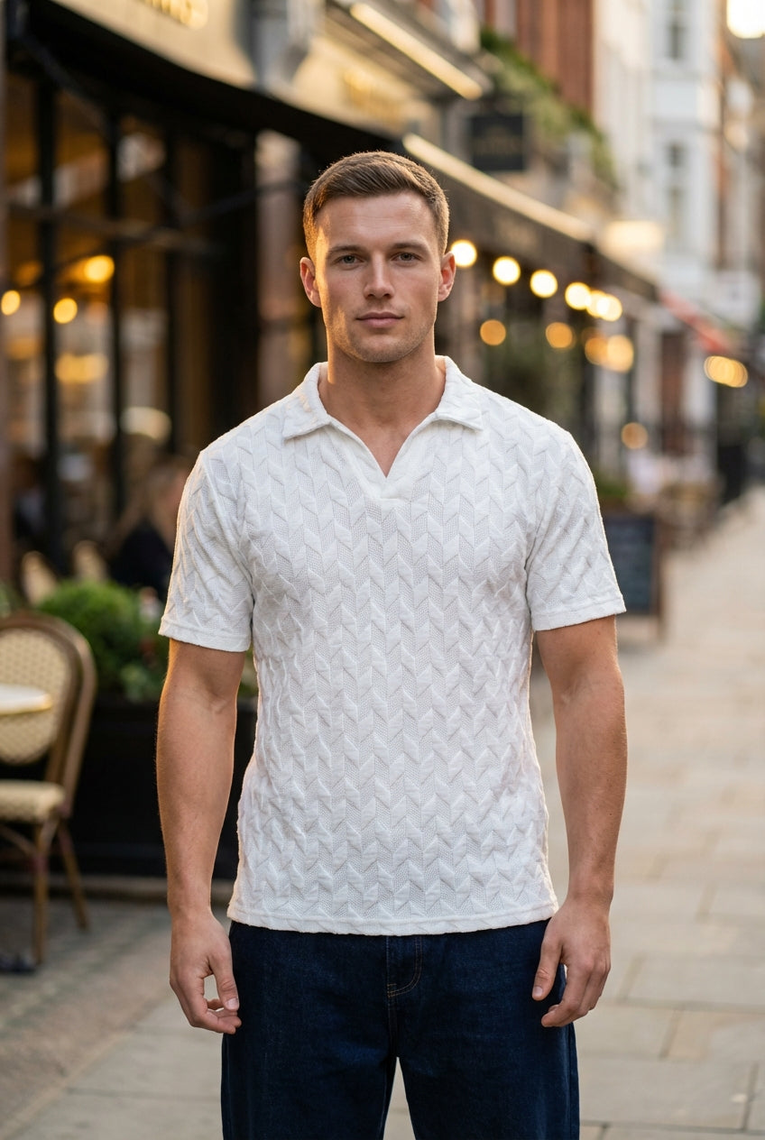 Johnny Collar Embossed Textured Polo Shirt for Men | White - Gambluss Wardrobe