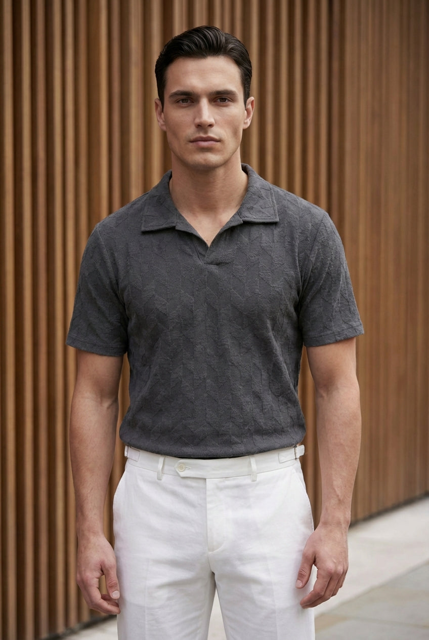 Johnny Collar Embossed Textured Polo Shirt for Men | charcoal - Gambluss Wardrobe