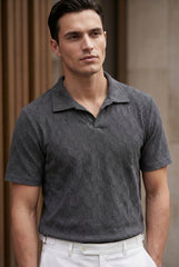 Johnny Collar Embossed Textured Polo Shirt for Men | charcoal - Gambluss Wardrobe