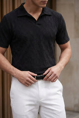 Johnny Collar Embossed Textured Polo Shirt for Men | Black - Gambluss Wardrobe