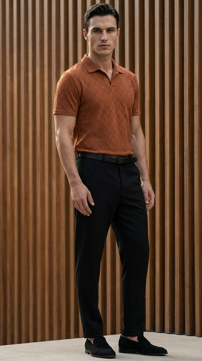 Johnny Collar Embossed Textured Polo Shirt for Men | Rust - Gambluss Wardrobe