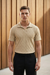 Johnny Collar Embossed Textured Polo Shirt for Men | Beige - Gambluss Wardrobe