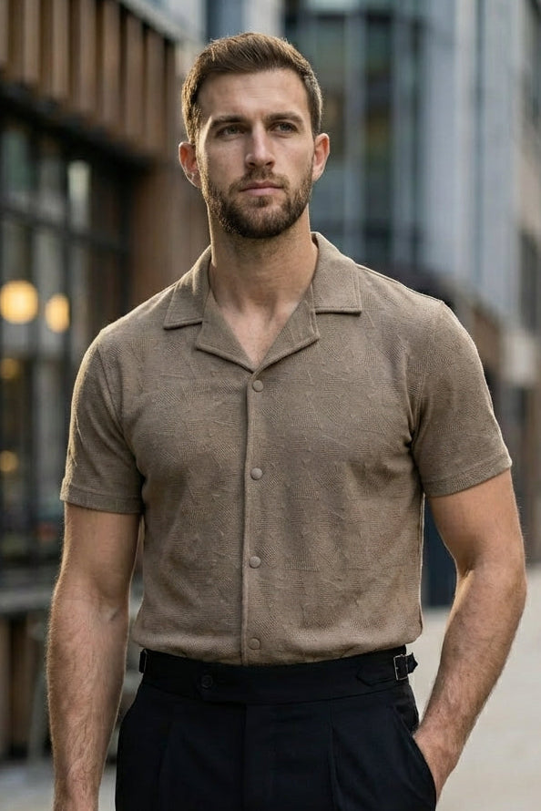 Gambluss Peanut Brown Textured Cuban Collar Shirt - Gambluss Wardrobe
