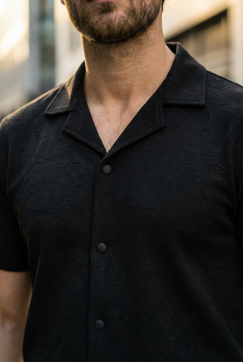 Gambluss black Textured Cuban Collar Shirt - Gambluss Wardrobe