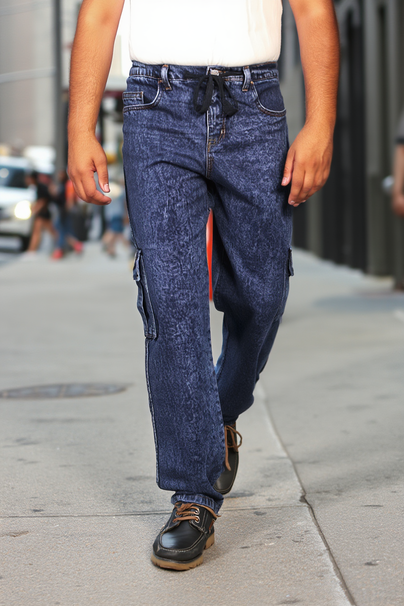 Gambluss Acid Washed Relaxed-Fit Denim Cargo-Blue - Gambluss Wardrobe