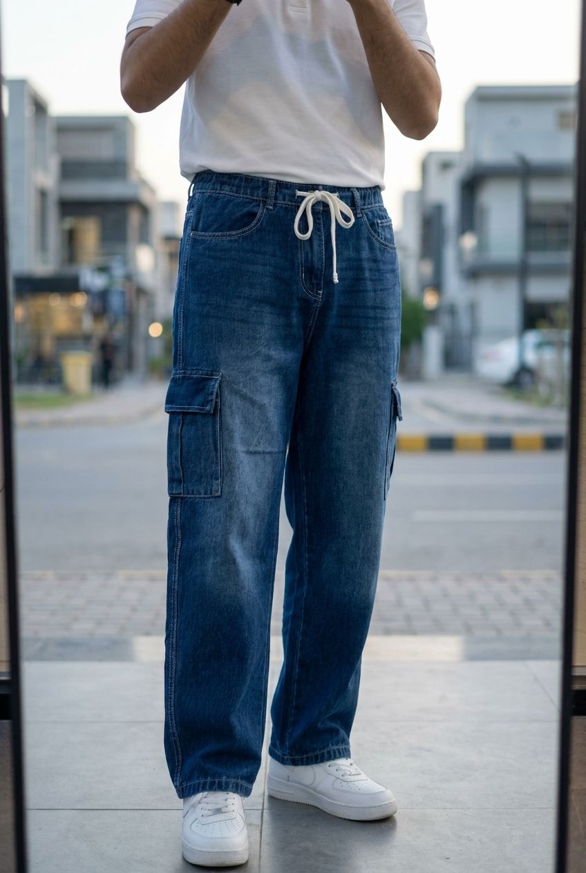 Gambluss Draw String Baggy Denim Cargo Pants – dark blue