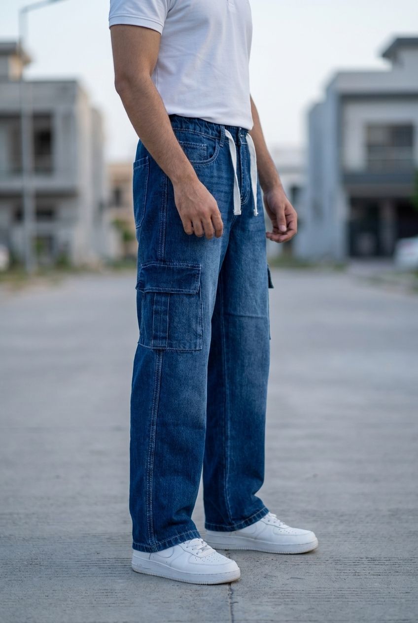 Gambluss Draw String Baggy Denim Cargo Pants – dark blue