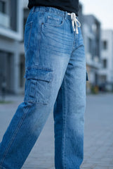 Gambluss Draw String Baggy Denim Cargo Pants – Stone Blue