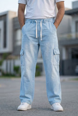 Gambluss Draw String Baggy Denim Cargo Pants – Iced Blue