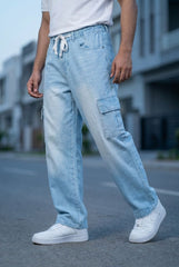 Gambluss Draw String Baggy Denim Cargo Pants – Iced Blue